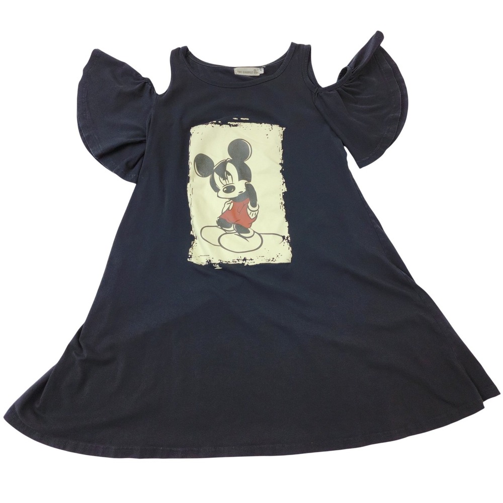 The Couple FG Mickey Mouse Cold Shoulder Flutter Sleeve Graphic Dress Navy Blue